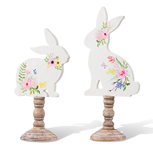 Glitzhome Set of 2 Hand Painted Easter Signs Wooden Bunny Table D...