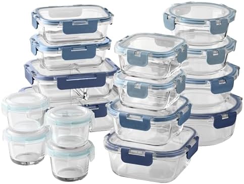 COOK WITH COLOR Premium 32-Pc. Borosilicate Glass Food Container Set with Dividers – 4 Rectangles, 8 Rounds, 4 Squares – Leakproof Lids – Meal Prep, Storage