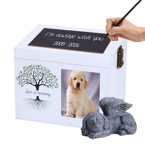 Haustier-Asche-Box-Urnen für Hunde- oder Katzen-Gedenken, XLarge Holz-Bestattungs-Einäscherungs-Urnen mit Bilderrahmen, Gedenk-Erinnerungs-Aufbewahrungsbox mit schwarzem Flanell als Auskleidung