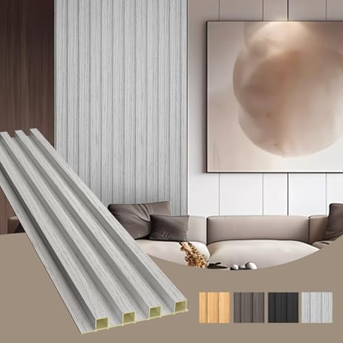 OUZUGIE WPC Acoustic Slat Wall Paneling, 8-Pack 96 x 6 Inches 3D Wall Panels for Interior Wall Decor,Living Room,TV Background,Study Room,Office Spaces,Bedroom,High Grille (Grey)
