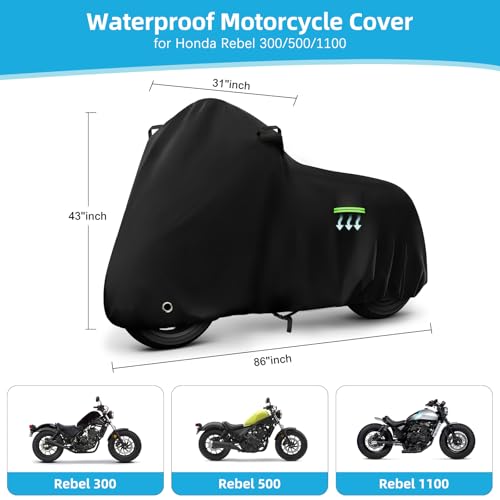 Image of Motorcycle Cover Waterproof for Honda Rebel 300 500 1100, Heavy Duty Outdoor Sun Rain Snow UV Dust All Weather Protection Motorbike Cover with Soft Cotton Lining & Lock Hole