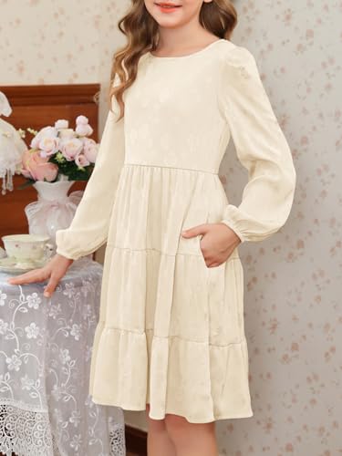 YOVION Girls Fall Long Sleeve Dress Ruffle Tiered A-Line Formal Wedding Party Dresses with Pockets for 6-12 Years4