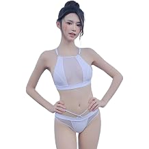 Sexy Sheer Mesh & Patchwork Bikini Set 2 Pieces Swimwear Adjustable Cross Strap Top & See-Through Briefs Swimsuit