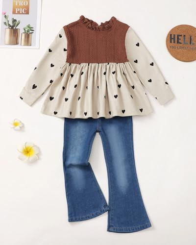 Image of SODLON Kids Toddler Girl Clothes Winter Outfits Shirt Top Bell Bottom Jeans Denim Pants Set Little Girl Fall Spring Clothing