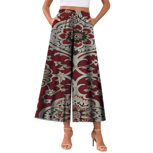 Womens Plus Size Palazzo Pants 2025 Summer High Waisted Drawstring Wide Leg Lounge Trousers with Pockets Trendy Boho Red Floral Print Lightweight Comfy Flowy Loose Fit Beach Yoga Pants L