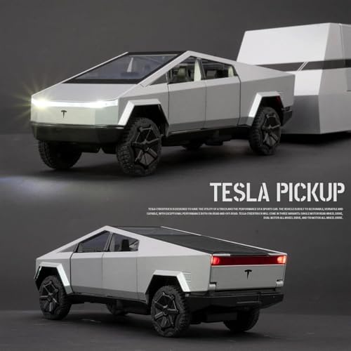 Image of WORSHIPER 1:32 Scale Die-Cast Tesla CyberTruck with Pick-Up Trailer with 6 Openable Doors Pull Back Action,Lights & Music Best Vehicle Gift for Kids?Pack of 1?