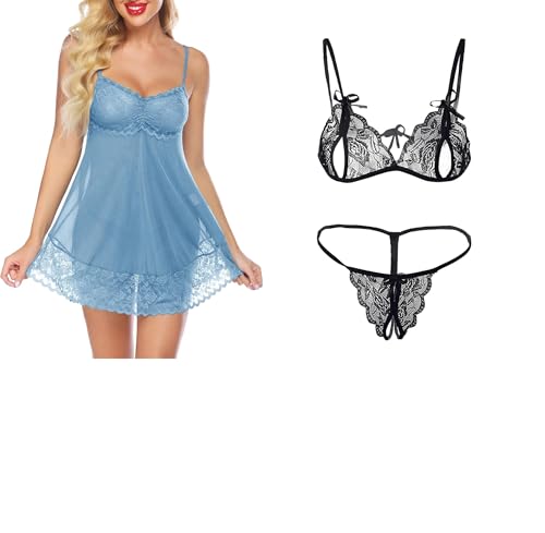 Image of SSoShHub Lace Babydoll Lingerie Sexy Mini Chemise Mesh Wedding Nightie Bridal Nightdress with Bikini