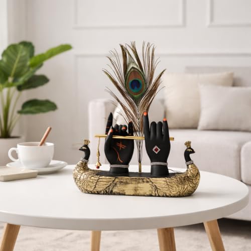 Image of Krishna Hand with Flute & Peacock Feather Idol for Home Decor Gift, Office & Living Room, Peacock Showpiece with Flute, Lord Laddo Gopal Figurine Murlidhar, Kanhaiya, Makhan Chor, Diwali Decoration