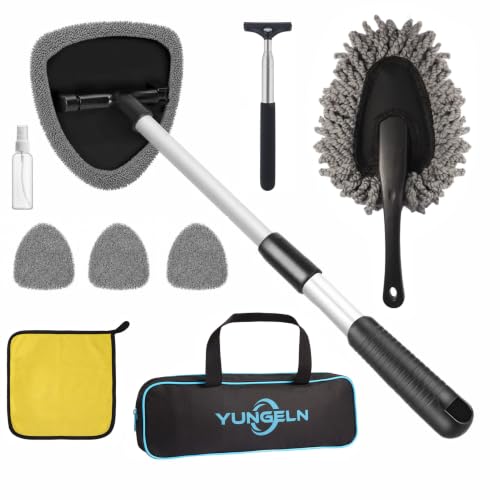 Yungeln 9 PCS Windshield Cleaning Kit,Car Cleaning Kit Interior Cleaner Extendable Car Window Cleaner with Mirror Squeegee,Microfiber Pads,Spray Bottle & Storage Bag for Auto Interior Detailing​