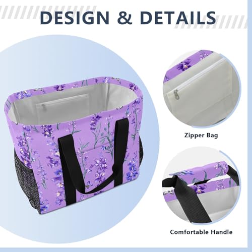 JUNZAN Vintage Delphinium Purple Large Utility Tote Bag Foldable Beach Bag Sandproof Reusable Grocery Bag with Handles Carrier Bags3
