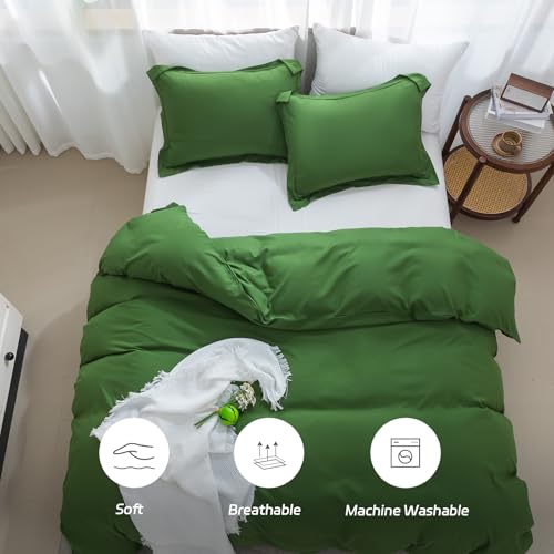 Image of SheRest Olive Green Duvet Cover - Soft Brushed Microfiber, 3 Pieces, 1 Duvet Cover 90x90 Inches with Zipper Closure 8 Ties & 2 Pillow Shams, Breathable Bedding Set for All Season, Queen (No Comforter)