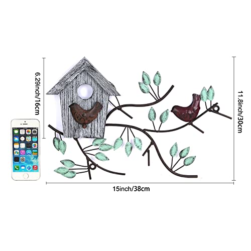 Ahuonel Metal Wall Art Decor Metal Outdoor Wall Decor Tree Leaf Metal Wall Art Sculptures With Wood Birdhouse, Hanging Decorations For Indoor Outdoor Garden Yard Fence Park Home Accent (Grey) #TOP2