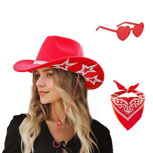 Image of SHENYI Cowgirl Hat and Bandana and Heart Sunglasses Glitter Rhinestone Star Cowboy Hat Western Sparkly Hats for Women Men