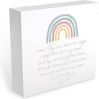 Bedtime Prayer Wooden Box Sign 5"x5", Rainbow ceramic paired plaque, desk ornament for home office, shelf top and bedroom prayer themed decor spaces
