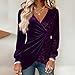 Women's Ruched Wrap V Neck Sequin Patchwork Velvet Tops Long Sleeve Shiny Blouse Elegant Party Shirt Vacation Outfits Purple