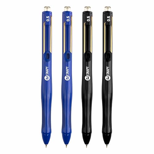 Image of Anupam Snapy Roller Gel Pen 0.5 mm, Waterproof Smooth Quick-Dry Dark Ink, Comfortable Grip Exam & Office Pen, Refillable (2 Blue Body BlueInk, 2 Black Body BlackInk)
