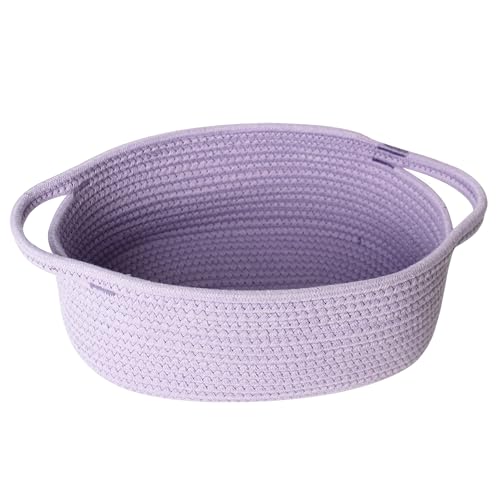 Image of Small Woven Gift Basket, Baskets for Gifts Empty, Cotton Rope Cat Dog Toy Bin Box, Nursery Baby Basket, Wicker Basket with Handles, Shelf Storage Basket for Home Decor, Purple, 12 inchx 8 inchx 5 inch