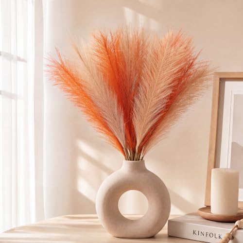 QUBITFUL 30Pcs Faux Pampas Grass Orange Decor, 22'' Fluffy Artificial Pampas Grass Branches for Vase Fillers, Short Fake Pompous Grass Stems for Home Living Room Bathroom Wall Decor