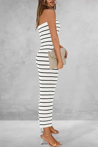 Image of BTFBM Casual Women's Summer Dresses Bodycon Maxi Tube Striped Dress Ribbed Knit Strapless Back Slit Long Dress Party Dresses