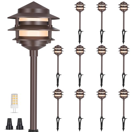 Gardencoin Pagoda Low Voltage Landscape Pathway Lights, 12V Outdoor LED Path Lights Wired, Aluminum Walkway Lighting with 4W 2700K Replaceable G4 Bulb, Bronze Classic 3-Tier Lantern, 12 Pack
