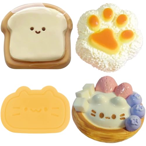 SSKHE 4 PCS Fufu Squishy Set, Kitten Egg Tarts + Caramel Fromage + Rice Ball Cat Paws + Toast, Taba Squishy, Squeeze Toy, Jouets de soulagement du Stress Mignons pour soulage
