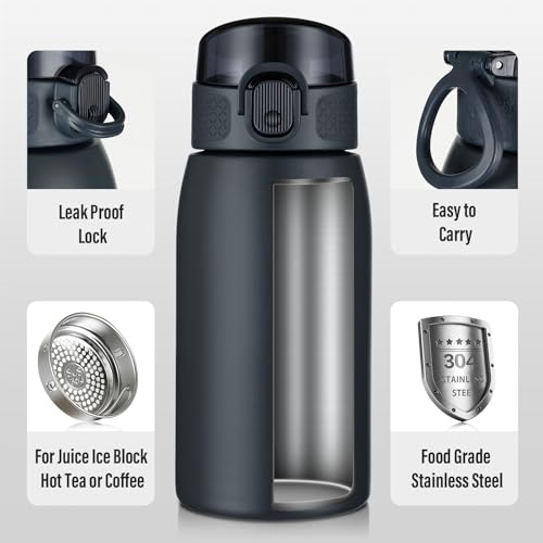 Image of Insulated Water Bottle 12 oz with Dustproof Lid, Carry Handle & Tea Infuser, BPA-Free & Leakproof, Stainless Steel Water Bottles Ideal for Fitness, Hiking, Office & Outdoor Use (Cold Gray )
