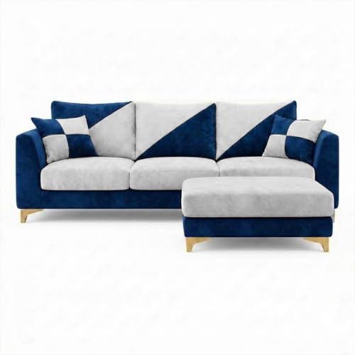 Image of Juliet Rich 4 Seater L Shape Sofa Set with Movable Ottomans | Flexible Layout | Velvet Suede Fabric | Golden Aesthetic Legs | Dual Tone Modern Sofa for Living Room (Dark Blue-Light Grey)