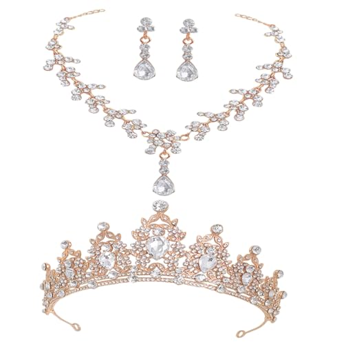Tiara, collar y pendientes para novia UPKOCH en tono dorado con rhinestone que no pesan