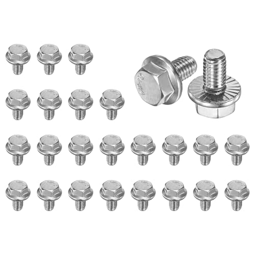 M METERXITY 25 Pack Flanged Hex Head Bolts, M6 x 10mm 304 Stainless Steel External Hex Drive Screws, Metric Fully Threaded Screw for Furniture Car DIY Project [Silver Tone]