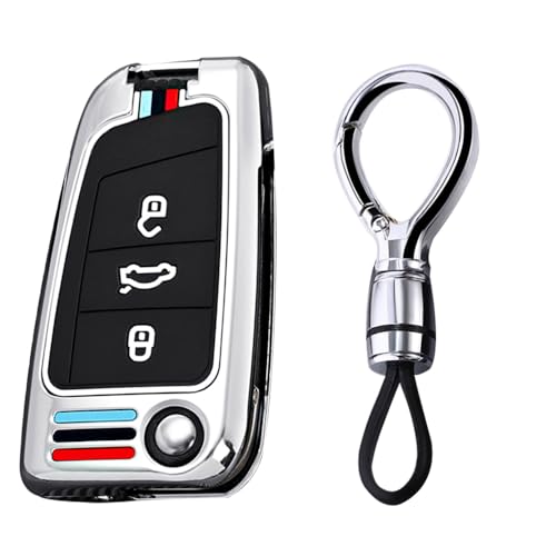 Ysbxitu 3 Buttons Metal Remote Key Fob Cover Fit for VW Smart Key Shell Case with Keychain Fit for Volkswagen Golf 7 Mk7 Polo Jetta4 Touran T-ROC Tiguan Key Protection Cover -Short Chain Silver