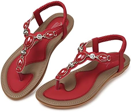 SHIBEVER Women Sandals Summer Boho Casual Flat Ankle T-Strap Thong Elastic Comfortable Flip Flops Beach Shoes Sandal