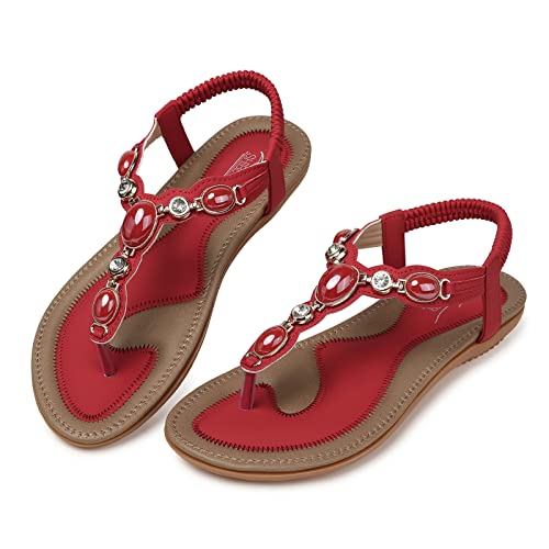 Image of SHIBEVER Dressy Flat Women Sandals: Comfortable Summer Thong Flats Sandal | Arch Support Walking Ankle Strap Dress Rhinestone Bling Womens Sandal - All Day Comfort Casual Beach Boho Women's Shoes