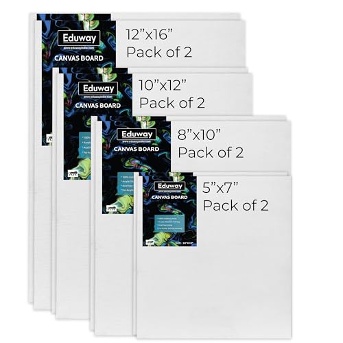 Image of Eduway Canvas Board for Painting- (5x7 | 8x10 | 10x12 | 12x16) 2 pcs Each | Premium Quality 7Oz Pre-Primed Cotton Canvas Board for Artists & Beginners | Ideal for Acrylic, Gouache Colors (Pack of 8)