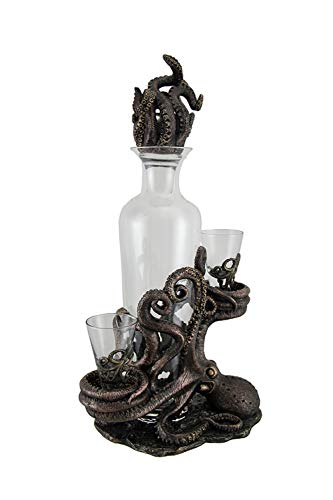 Octopus Spirit Decorative Antique Bronze Finish Statue and Glass Decanter Set - Thumbnail 2