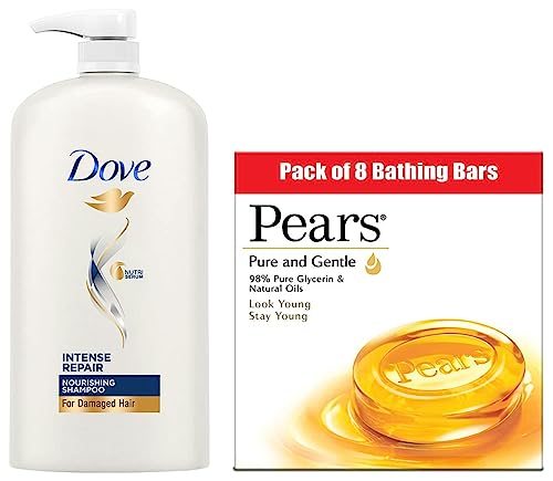Dove Intense Repair Shampoo, 1L & Pears Pure And Gentle Bathing Bar, 125g (Pack Of 8)