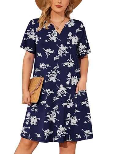 Image of AusLook Plus Size Midi Dress for Women V Neck Short Sleeve Summer Casual Loose Fit Vacation Sundress with Pockets 1X-5X