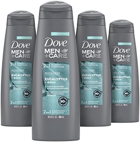 Dove Men+Care Revitalizing 2-in-1 Shampoo and Conditioner For Cleaner, Revitalized Hair Eucalyptus & Birch Plant-Based Cleansers, 90% Naturally Derived Men's Shampoo, 12 Fl Oz (Pack of 4)