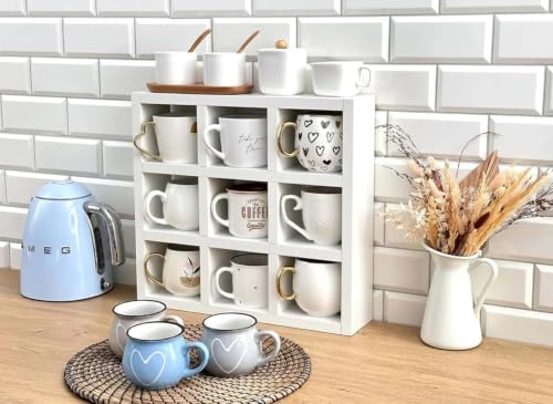 Image of Hamdan Collection Wall Mounted Mug Shelf - Coffee Cup Storage - Kitchen Wall Rack - Floating Cup Organizer - Rustic Coffee Bar Shelf (SQ 9 COMP)