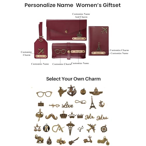 Image of AICA Personalised Name & Charm Womens Leather Combo Gift Set (Wine) | Gifts for Women| Customised Gift Hamper for Woman | Gifts for Woman