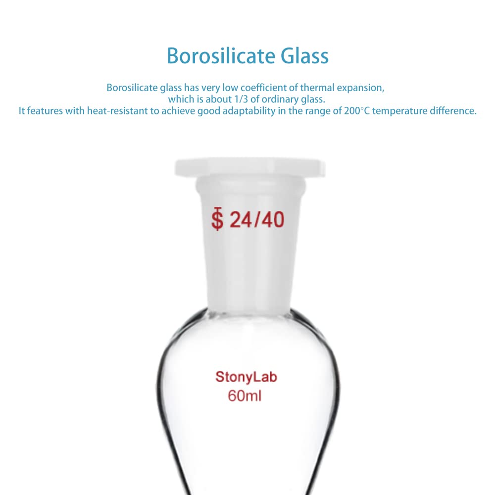stonylab Imbuto Separatore con Rubinetto di Arresto PTFE, Imbuto Separatore Conico a Forma di Pera da 60 ml in Vetro Borosilicato a Parete Pesante con 24/40 Giunti