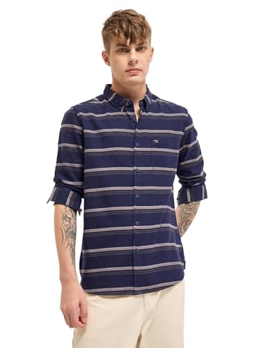 Image of THE BEAR HOUSE Men Spread Collar Vertical Striped Cotton Slim Fit Casual Shirt