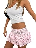 Morlaeley Women Y2k Ruffle Mini Skirt Low Waist Polka Dot Pleated A Line Short Skirt Boho Summer Beach Skirts(Polka Dot Pink,S)