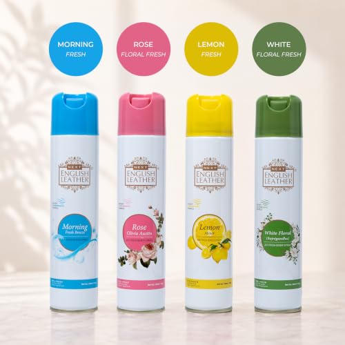 Image of Next Care English Leather Air Freshener Spray 220ml Each | Long Lasting Room Freshener for Home, Office & Car | Odour Eliminator (Lemon, Rose, White Floral & Morning)