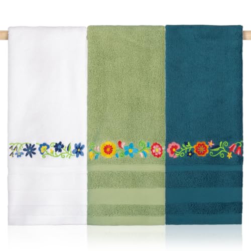 RinRinfam 3Pcs Mexican Floral Embroidered Hand Towels Vibrant Color Room Decor Farmhouse 100% Cotton Soft Absorbent Towels for Bathroom Kitchen 14x29''