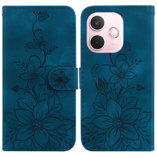 Étui Nokia XR21 bleu foncé : portefeuille à rabat en cuir avec motif floral chic