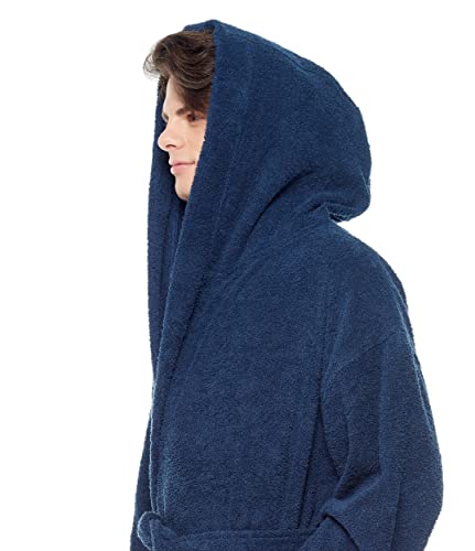 Arus Men's Hooded Classic Bathrobe Turkish Cotton Robe With Full Length Options, Navy Blue Large-X-Large #TOP6