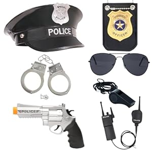 ZUCOS Polizei Kostüm für Kinder, Erwachsene, Polizist Handschellen Sonnenbrille Abzeichen Jungen Mädchen Karneval Detective Dress-ups Halloween-Kostüm (E, Medium)