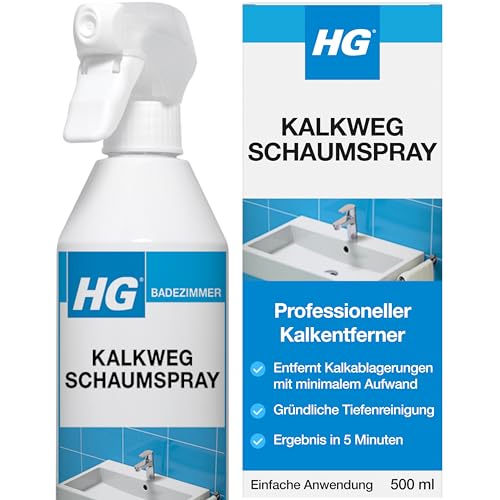 HG Kalkweg Schaumspray, professioneller Kalkentferner für das Badezimmer, entfernt Flecken und Ablagerungen von Duschköpfen, Armaturen, Badewannen und Ablagen (500 ml)