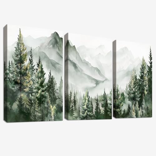 3Pc Cadre en Bois Impression sur Toile Aquarelle chaîne de montagnes Tableau Image sur Toile Arbre forestier vert Peinture Tableau Decoration Murale Salon...