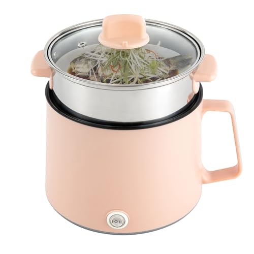 RjcdOPL Marmite de Cuisine Électrique Multifonctionnelle 1.7L, Avec Cuiseur à Vapeur et Couvercle en Verre, Revêtement Antiadhésif, Deux Modes de Puissance 300W/600W, Pour Fondue, Soupe (Rose)